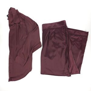 NWT Torrid Madison Satin Button-Up Long Sleeve Shirt Wide Leg Pant Set Burgundy